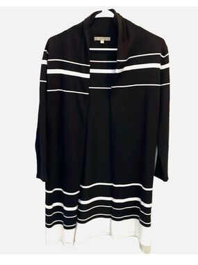 Joan Vass Black White Striped Open Front Cardigan Small Longline Knit Duster